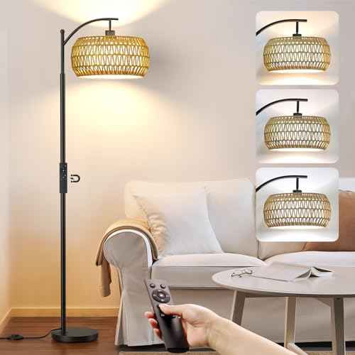 Arc Floor Lamps with Remote Control and Stepless Dimmable Color Temperature and Brightness Rattan Floor Lamps with Rattan and Cloth Dual Lampshade Standing Lamp for Living Room Bedroom, Black