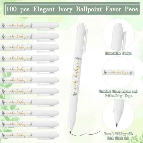 Tenceur 100 Set Baby Shower Pens Greenery Baby Shower Favor for Guest Sage Ballpoint Pens with Woodland Thank You Cards Gender Reveal Party Favor for Girl Boy Party Souvenirs Prizes