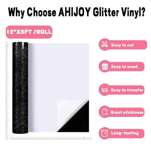 AHIJOY Black Glitter Vinyl Permanent Adhesive 12" x 5ft Glossy Sparkle Vinyl for Mug Cup DIY Project Party Decoration Sticker Car Decal