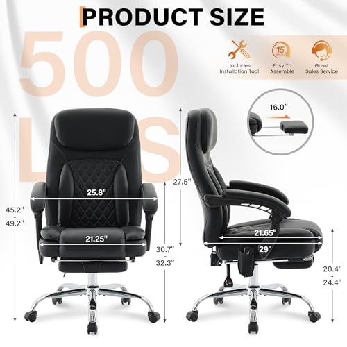 BIGGARSIT Black 500Lbs Ergonomic Massage Office Chair with 6-Point Vibration & Heat — Reclining, Big & Tall PU Leather