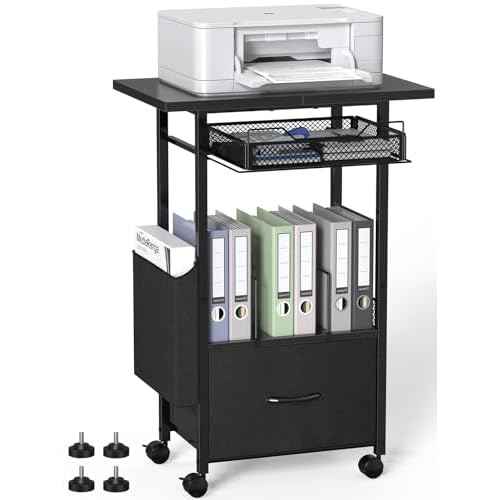 Mobile 3-Tier Printer Stand with 2-Drawer File Cabinet, 24 Extended Desktop & Lockable Wheels, Adjustable Rolling Cart for Home Office Storage (Black)