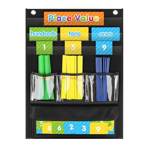 Black Place Value Pocket Chart & Counting Caddie for Classroom, 13x18 Inches