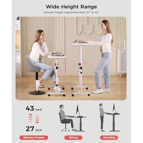 KLSMYHOKI Portable Standing Desk Adjustable Height, Small Computer, Laptop, Mobile Stand Up Rolling Desk with Wheels, Table for Home Office, 16"x31.5" Height 27"-43.5", White