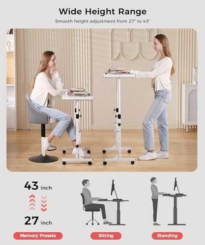KLSMYHOKI White Adjustable Standing Desk with Wheels - Ergonomic Home Office Table
