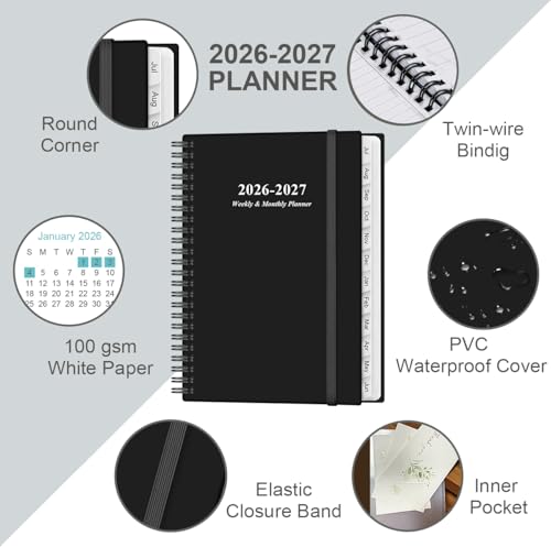 Heveboik Black A5 Weekly & Monthly Planner 2026-2027 July - June Spiral Bound