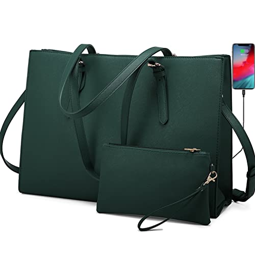LOVEVOOK 17.3-inch Laptop Bag for Women, Large Capacity Travel Tote Bag with Clutch Purse 2PCs Set, Professional Business Computer Work Bag, Leather Shoulder Briefcase for Office Lady, Deepgreen