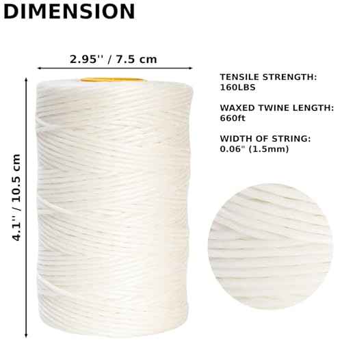 9-Ply White String Waxed Twine, 660 Feet per Roll Heavy Duty Twine String, White Cable Tie Down Wax Lacing Cord for Indoor or Outdoor Use,Thick White Twine Wax String with 160 LBS Tensile Strength (2)