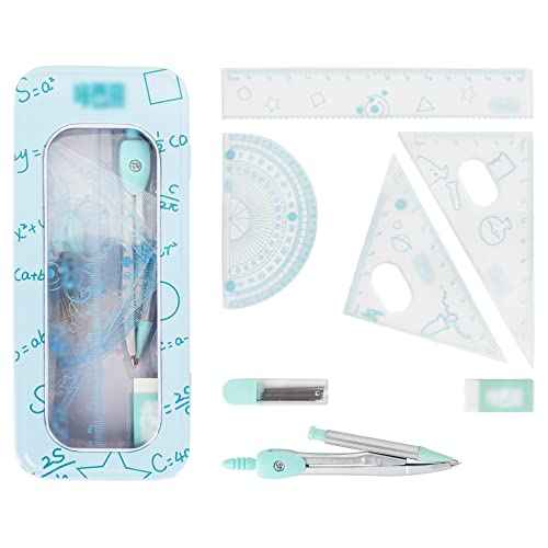 LABANCA 8 Pcs Compass Set with Protractor Rulers Pencil for Math Geometry (06970Blue)