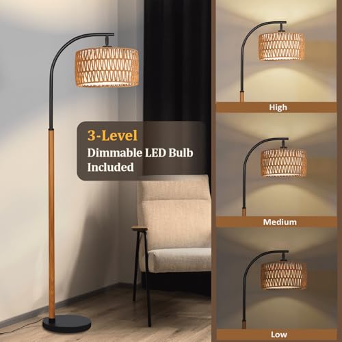 65¡± Brown Black Boho Floor Lamp for Living Room, 1200 Lumens 3-Level Brightness Rattan Arc Floor Lamp for Bedroom, Wood Mid Century Modern Arc Standing Lamp, Boho Tall Lamp, LED Bulb Included