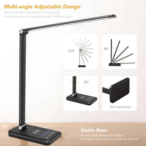 LED Desk Lamp with Wireless Charger, USB Charging Port, Night Light, 5 Color Modes, 10 Brightness, Eye Caring Reading Table Lamp for Home Office, Touch Control, Auto-Timer, Adapter Included