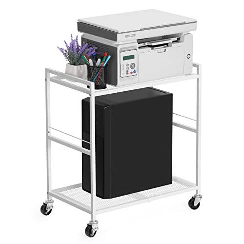 Computer Tower Stand, PC Tower Stand Metal Rolling Cart Holds up to 40lbs, 2 Tier Mobile Printer Stand with Storage Under Desk for Home & Office, White
