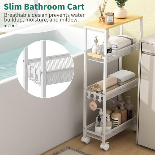 TIPGO 4-Tier Slim Utility Rolling Laundry Cart with Wheels, White, 7.2"