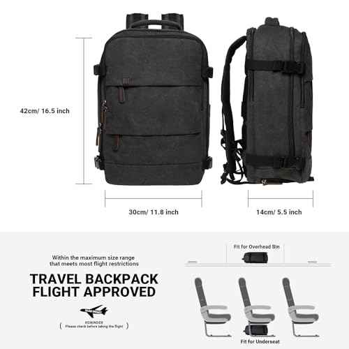 KAUKKO Canvas Travel Rucksack, Large Capacity Carry On Bag with Shoe Pouch and 15.6 inch Laptop Compartment, Flight Approved Outdoor 40L Luggage Weekender Bag, 12-BLACK