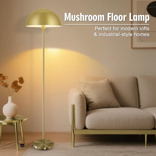 Modern Gold Floor Lamps for Living Room 66Inch, Tall Industrial Floor Lamp, Metal Standing Lamp with Mushroom Dome Shade, Mid Century Loft Corner Reading Lamp for Bedroom Office Nursery Room, NO BULB