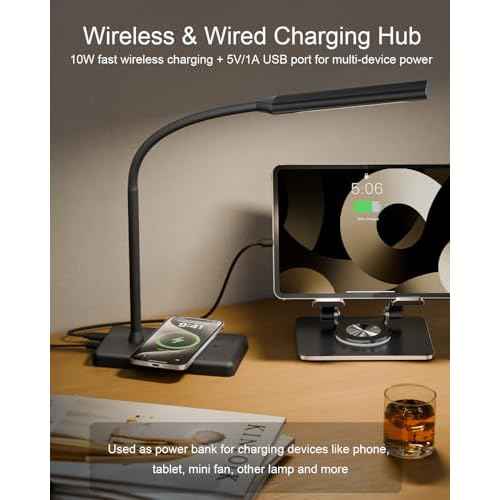 Adjustable LED Desk Lamp with Wireless Charging & Touch Control | 5 Colors & 6 Brightness Levels Eye-Caring Office Light with Memory & Timer