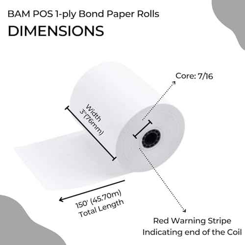 BAM POS 3" x 150' 1ply Bond Receipt Paper Rolls for Kitchen Impact Printers TMU200 SRP275 Star SP700 Suitable For Printing Kitchen Tickets and Order Receipts (24 Rolls Per Case)