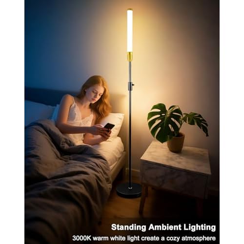 68" LED Floor Lamp for Living Room, Stepless Dimmable(10-100% Brightness) Standing Tall Lamps for Bedroom/Office, Industrial Floor Lamp, Mid Century Floor Lamps with Foot Switch-Black