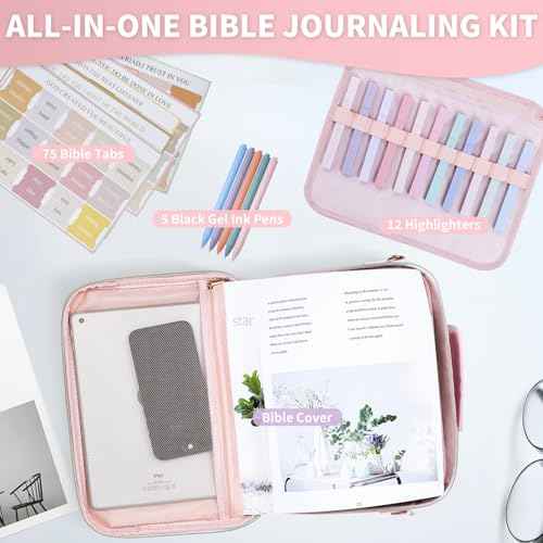 Bible Cover Case for Women, Large Chenille Letter Leather Bible Case with Bible Study Accessories, Bible Study Supplies Bible Journaling Kit, Christmas Christian Gift for Women Girls (Pink)