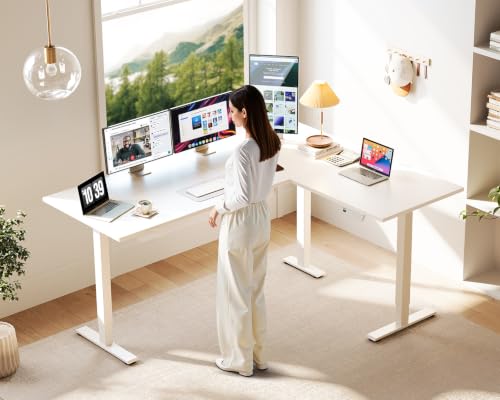 Casaottima 63-Inch White L-Shaped Electric Standing Desk for Home Office