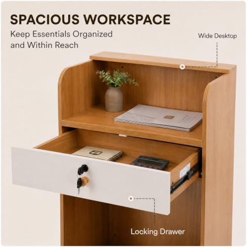 Oak Finish DYRABREST Modern Reception Desk with Locking Drawer & LED Light, 37.8in