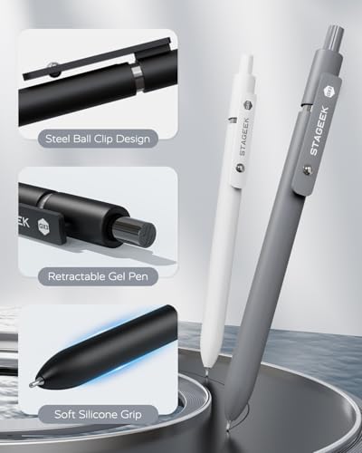 STAGEEK GX3 Black Gel Pens 6 Pack with 3 Refills, Quick Dry, Smooth Writing, Soft Grip, Fine Point, Gray & White Variants