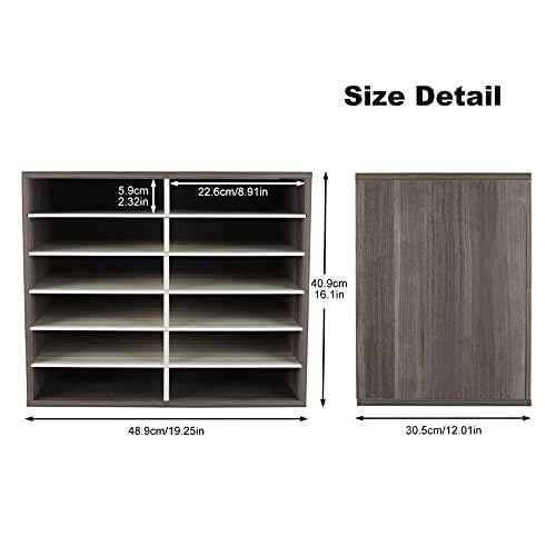 TQVAI Literature Organizer, Heavy Duty 12 Compartments Countertop Mail Organizer with Adjustable Shelves, Wooden Desk Paper Storage Organizer, Mailboxes Cubbies for Office, Classroom, Retro Grey/White