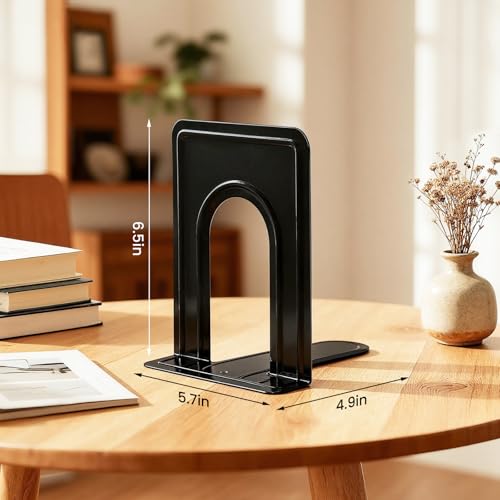 HappyHapi Black Heavy Duty Metal Book Ends - 3 Pairs, Anti-Slip Shelving Support