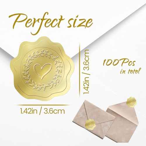 PigPotParty 100 PCS Gold Embossed Envelope Stickes-Heart Stickes Foil Envelope Seal for Wedding Invitations, Halloween,Christmas Greeting Cards£¬Party Favors£¬Self-Adhesive