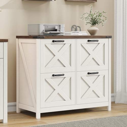 Halitaa Farmhouse Lateral File Cabinet with 4 Drawers – Rustic White and Brown