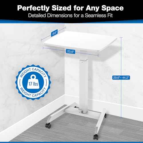 Mount-It! Adjustable Rolling Laptop Desk, Mobile Standing Desk with Wheels, Small Sit-Stand Computer Cart for Home, Office, or Classroom, 29.6?44.2" Height, 23.6"x20.5" Desktop, White