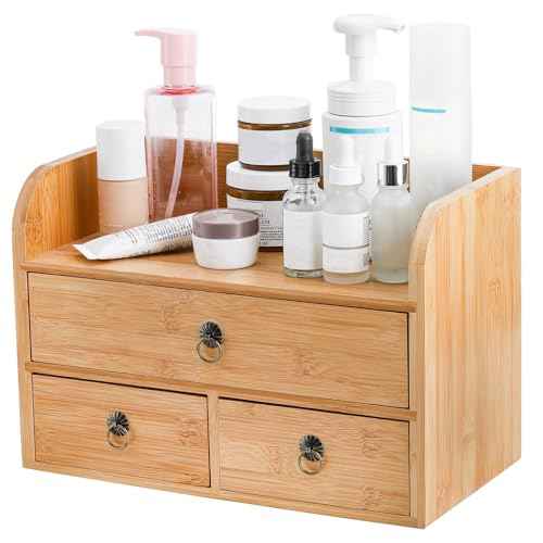 Nicunom Bamboo Desk Organizer, 3-Tier Bamboo Tabletop Storage Organization Multifunctional Desktop Organizer with Drawers for Home Office Toiletries Supplies Vanity