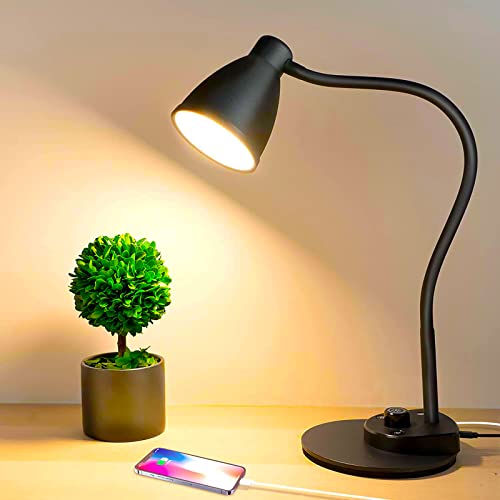 BOHON Matt Black LED Desk Lamp with USB Charging, 3 Color Modes, Dimmable