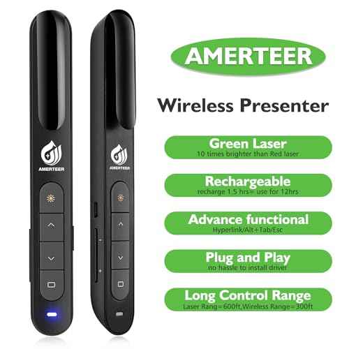 AMERTEER Wireless Presentation clicker for Powerpoint Presentations, Green Light Rechargeable Powerpoint Clicker with Laser Pointer Support Hyperlink RF 2.4GHz (1 PCS)