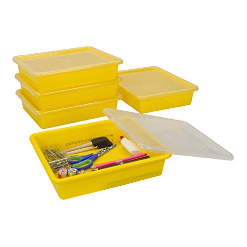 Storex Letter Size Flat Storage Tray ? Organizer Bin with Non-Snap Lid for Classroom, Office and Home, Yellow, 5-Pack (62538A05C)