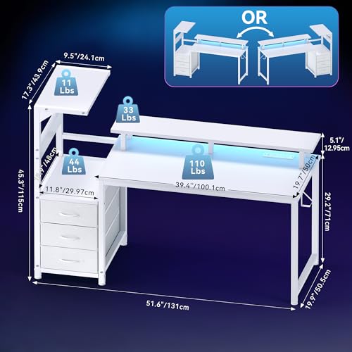 White 52-Inch Reversible Gaming Computer Desk with Drawers & Power Outlet