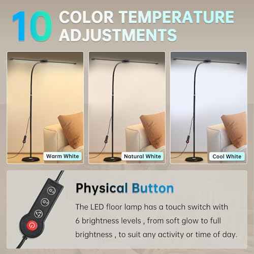 LED Floor Lamp with Remote, 24W 2400LM Dimmable Standing Light with Double Heads and Adjustable Gooseneck, Modern Tall Lamp for Bedroom, Office, Living Room, Eyelash Extensions & Crafting
