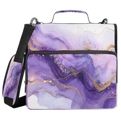 Purple Marble Waterproof Zipper Binder with Shoulder Strap, 3-Ring Trapper Keeper with Lay-Flat Design and Multiple Compartments for School & Office, Adults & Kids