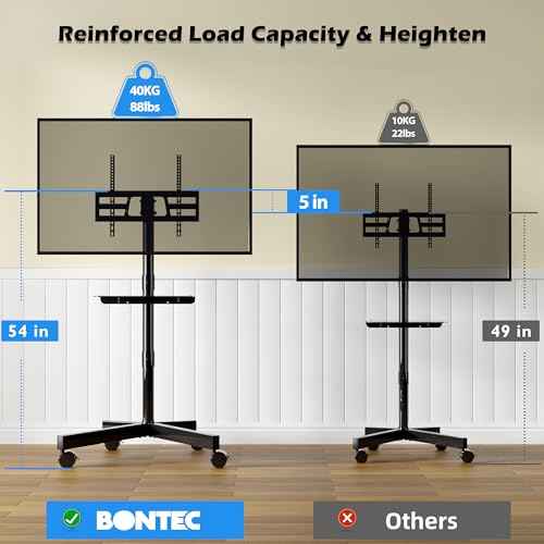 BONTEC Mobile TV Stand with Tilt Function, Rolling TV Stand for 23-60" LED, LCD, OLED TVs, Holds up to 88lbs, Max VESA 400x400mm, Adjustable Media Shelf (Black, 17.1x15.1x53.1 in)