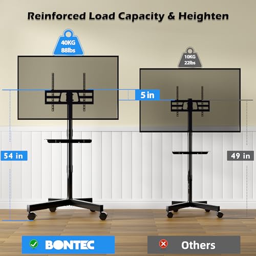 BONTEC Black Rolling TV Stand for 23-65 Inch TVs with Tilt & Lockable Wheels