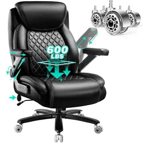600LBS Large Heavy Duty Office Chair with 5D Flip Arms, Comfy Big and Tall Executive Office Desk Chair with Pocket Spring Cushion,High Back Computer Chair with Lumbar Support,Dual Rubber Wheel