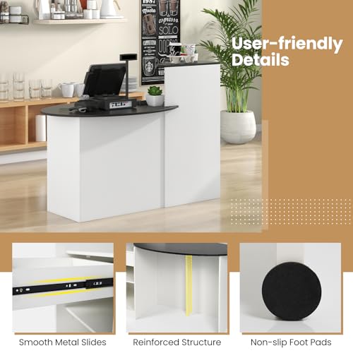 GOFLAME Black + White Reception Desk with Lockable Drawer, Adjustable Shelf, Oval Top