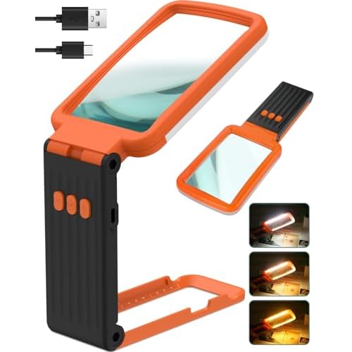 10X Magnifying Glass with Light and Stand, Rechargeable Folding Handheld Real Glass Magnifier, 3 Color Modes Dimmable Lighted Page Magnifier for Reading Small Prints, Seniors with Macular Degeneration