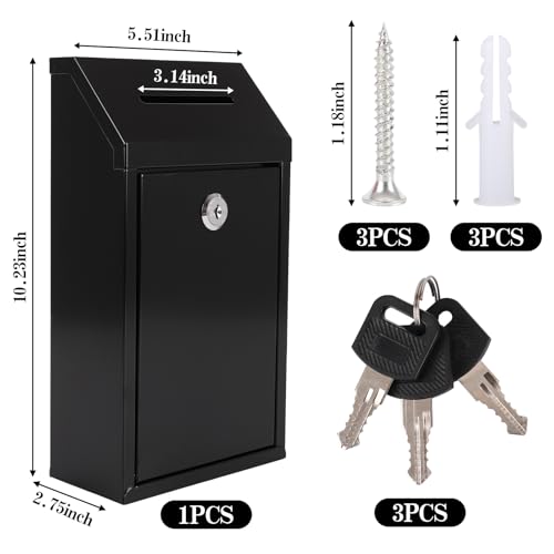 Black Metal Donation Box with Lock and Key Drop Slot for Home Office