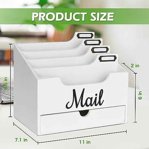 Mail Holder with 4 Compartments and Drawer, Wood Mail Holder Sorter Holder,Countertop Desk Office Accessories for File Letter Paper Folder, Drawer Storage