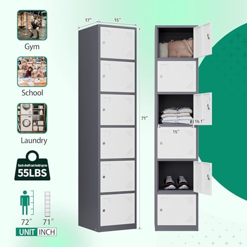 Letaya 71" 6-Door Metal Locker Cabinet Gray White for Office, Home, Gym | Lockable Storage