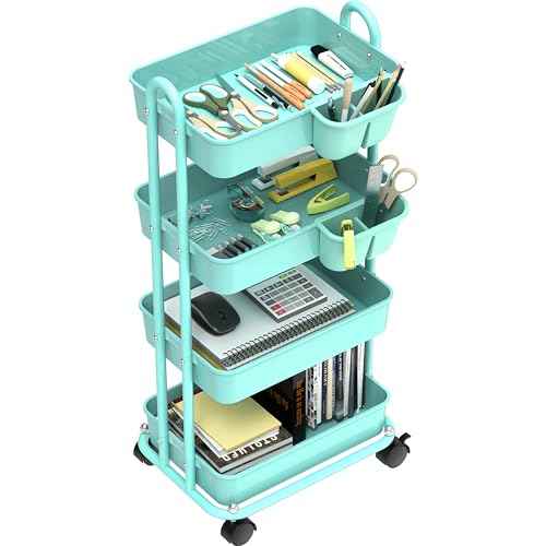 Simple Houseware 4-Tier Multifunctional Rolling Utility Cart with Hanging Buckets, Turquoise