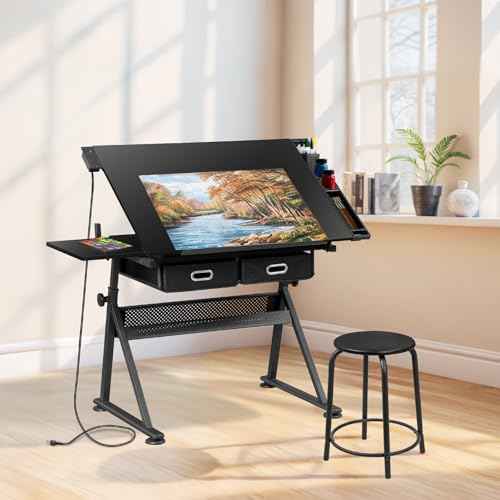 JupiterForce Drafting Table Art Desk w/Power Outlet and Stool, Adjustable Tilting Drawing Table Artist Desk with 2 Storage Drawers, Art Craft Work Station for Home Office Working, Writing, Crafting