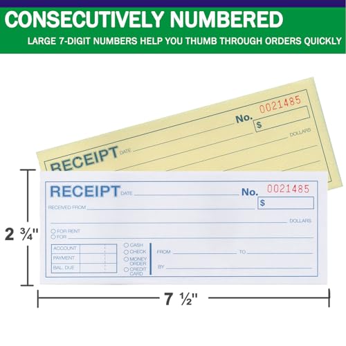 Gimehome 50-Set Carbonless Receipt Book 7.5 x 2.75 in, White & Canary, Bound Wraparound Cover, 2-Part, 3-Pack (Variation 3)