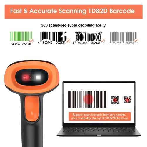 Sumicor QR Code Scanner, Wireless 2D Barcode Scanner Data Matrix PDF417 UPC Automatic Scanning Handheld Bar Code Scanner for Library Warehouse Inventory Store