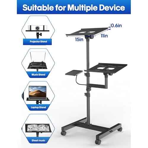 Projector and Laptop Stand Tripod, 2 Shelves Mobile Laptop Tripod Stand, Max 47" Height Adjustable Laptop Cart on Wheels, Projector Floor Stand with Ventilated Tray for Podium, Meeting, Couch